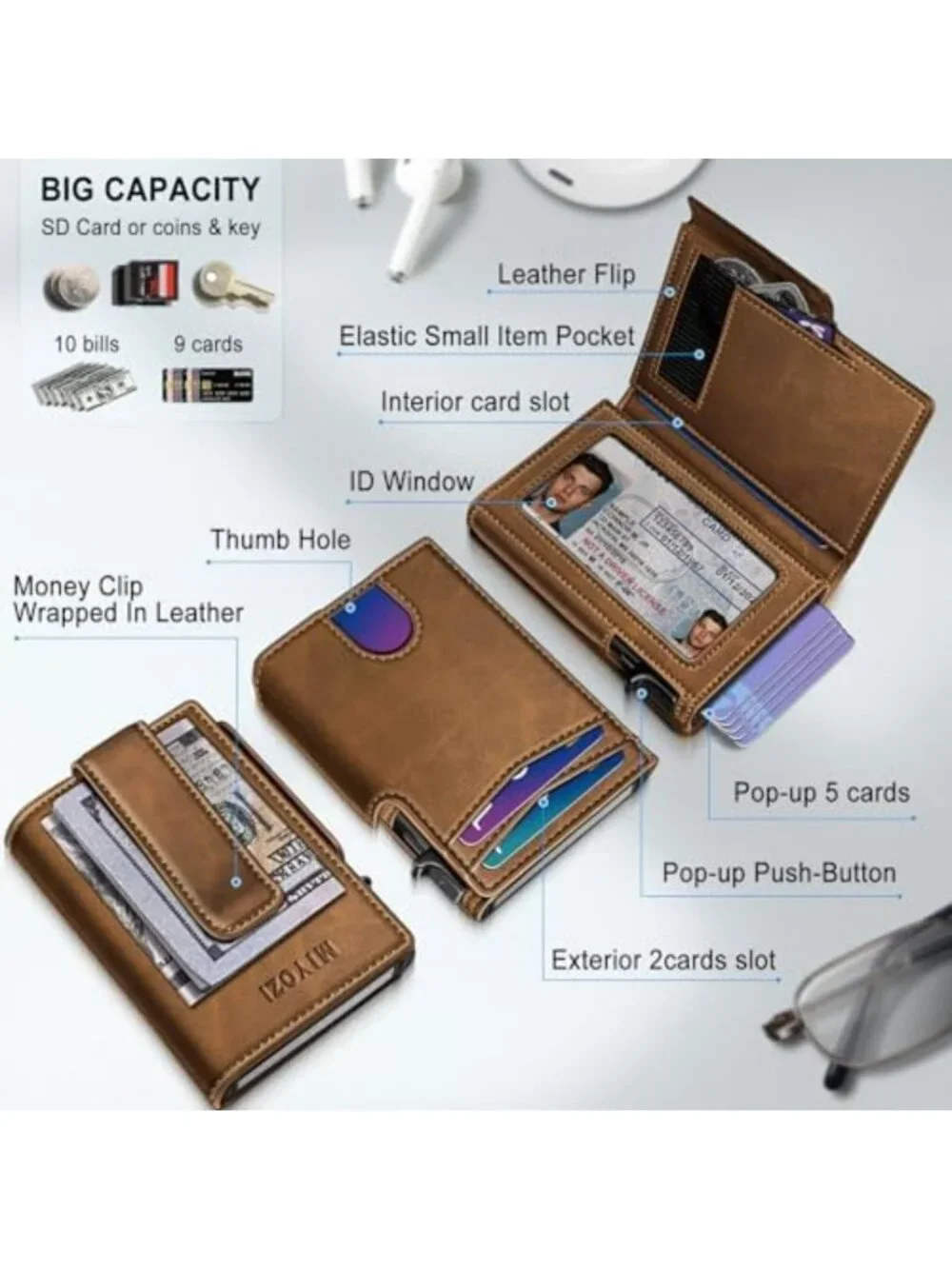Slim Minimalist Wallet for Men, RFID Blocking Card Holder, Leather Money Clip